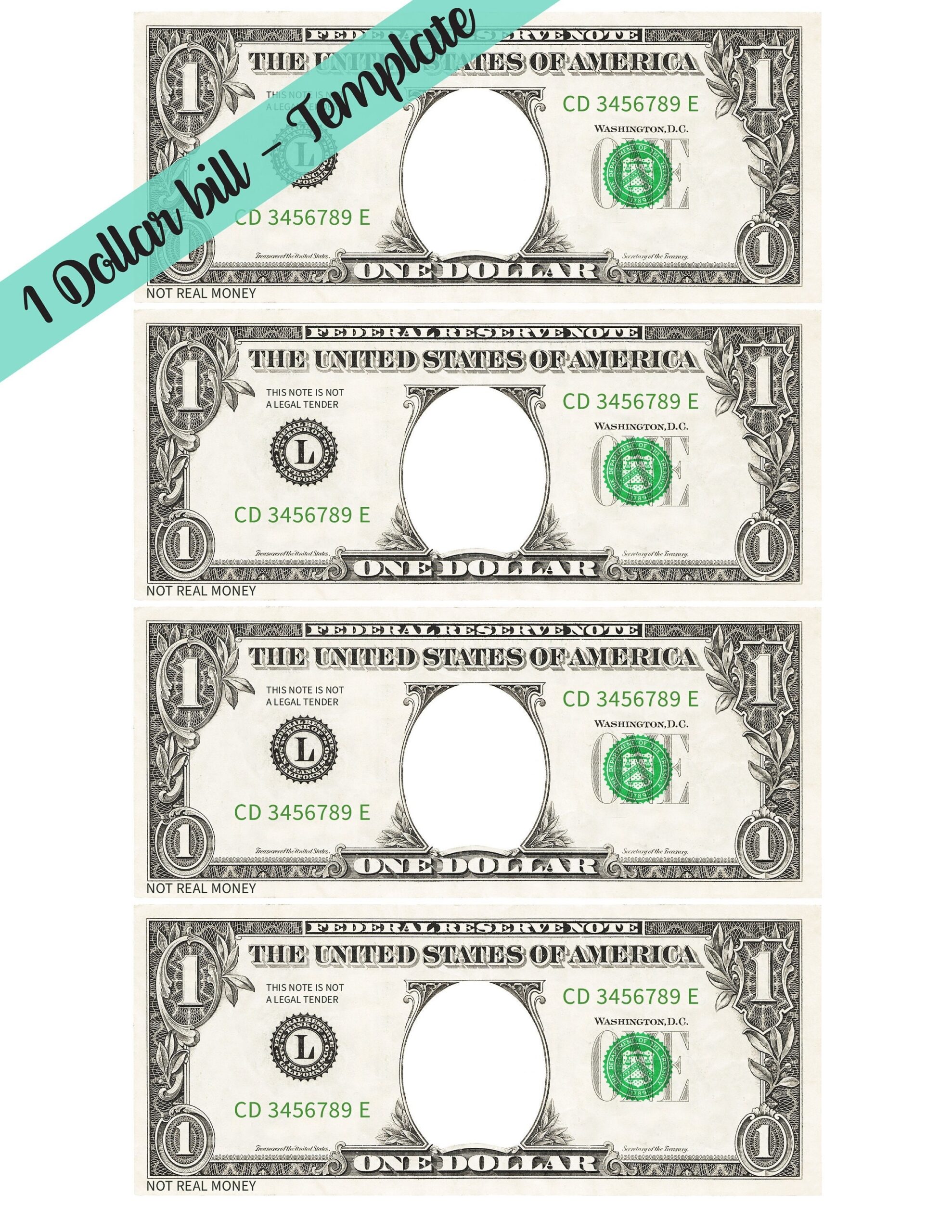 1 Dollar Bill Template Letter Page With 4 Real Size Dollar Bills front Only Etsy