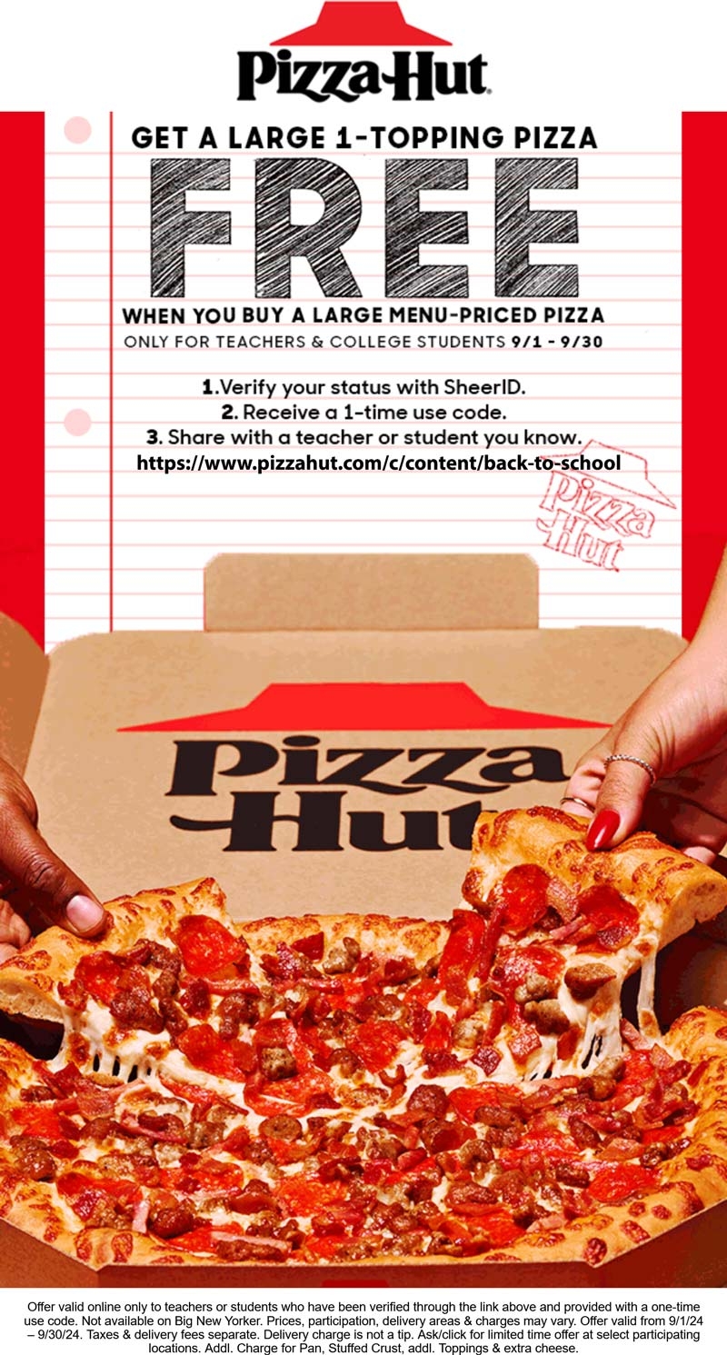  1 Medium Pepperoni With Any Pizza At Pizza Hut Via Promo Code 