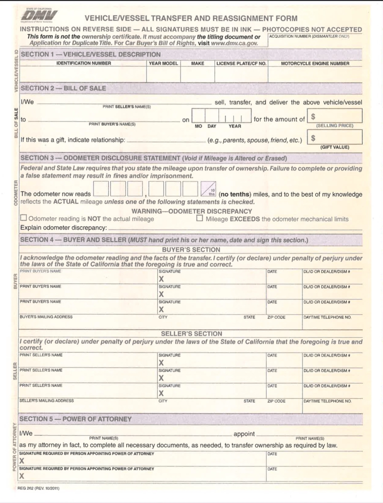  1 NEW California Bill Of Sale DMV REG 262 Form Vehicle Transfer Reassignment