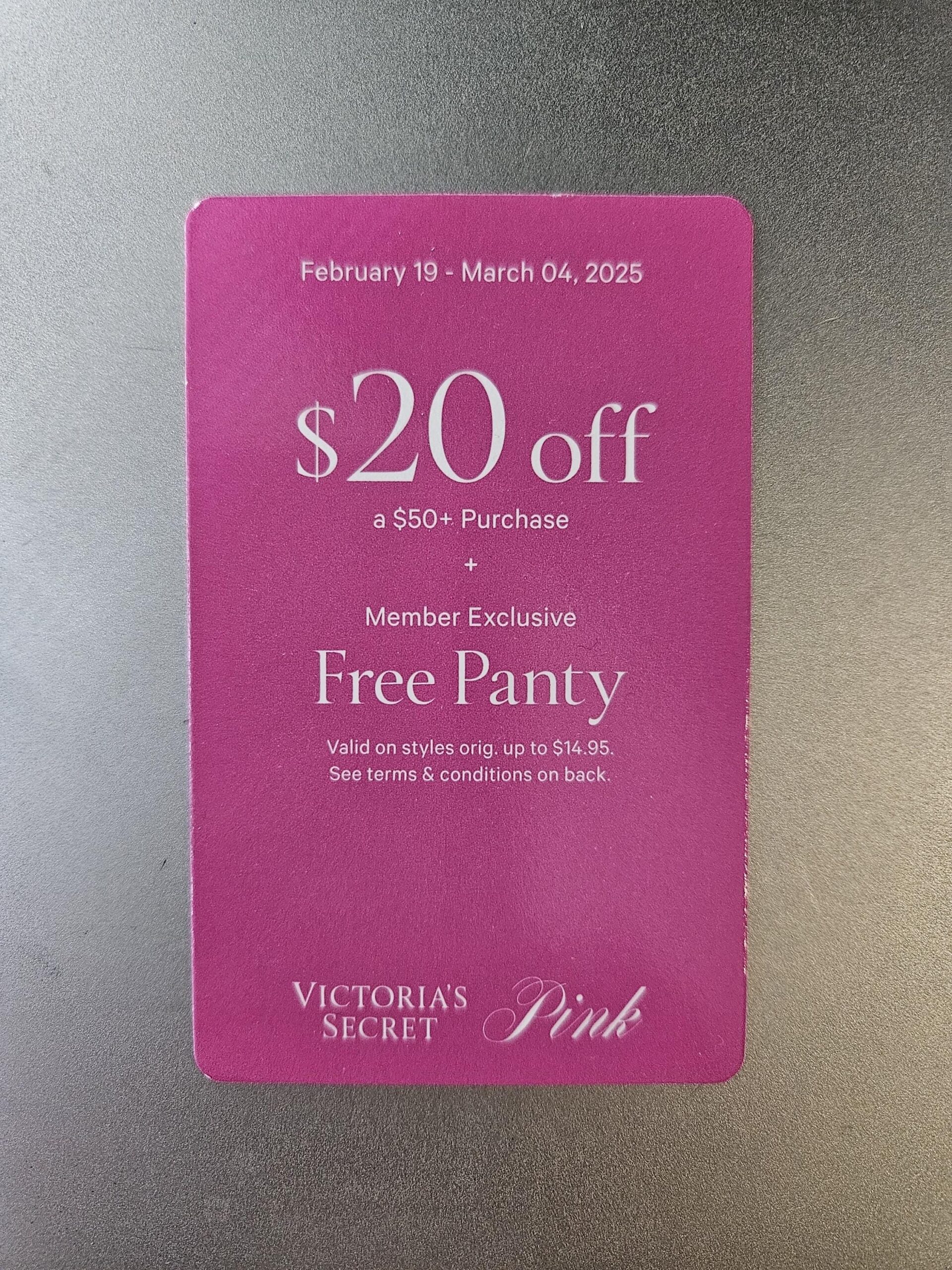 1 PINK Victoria s Secret Coupon 20 Off 50 Panty Valid Feb 19 