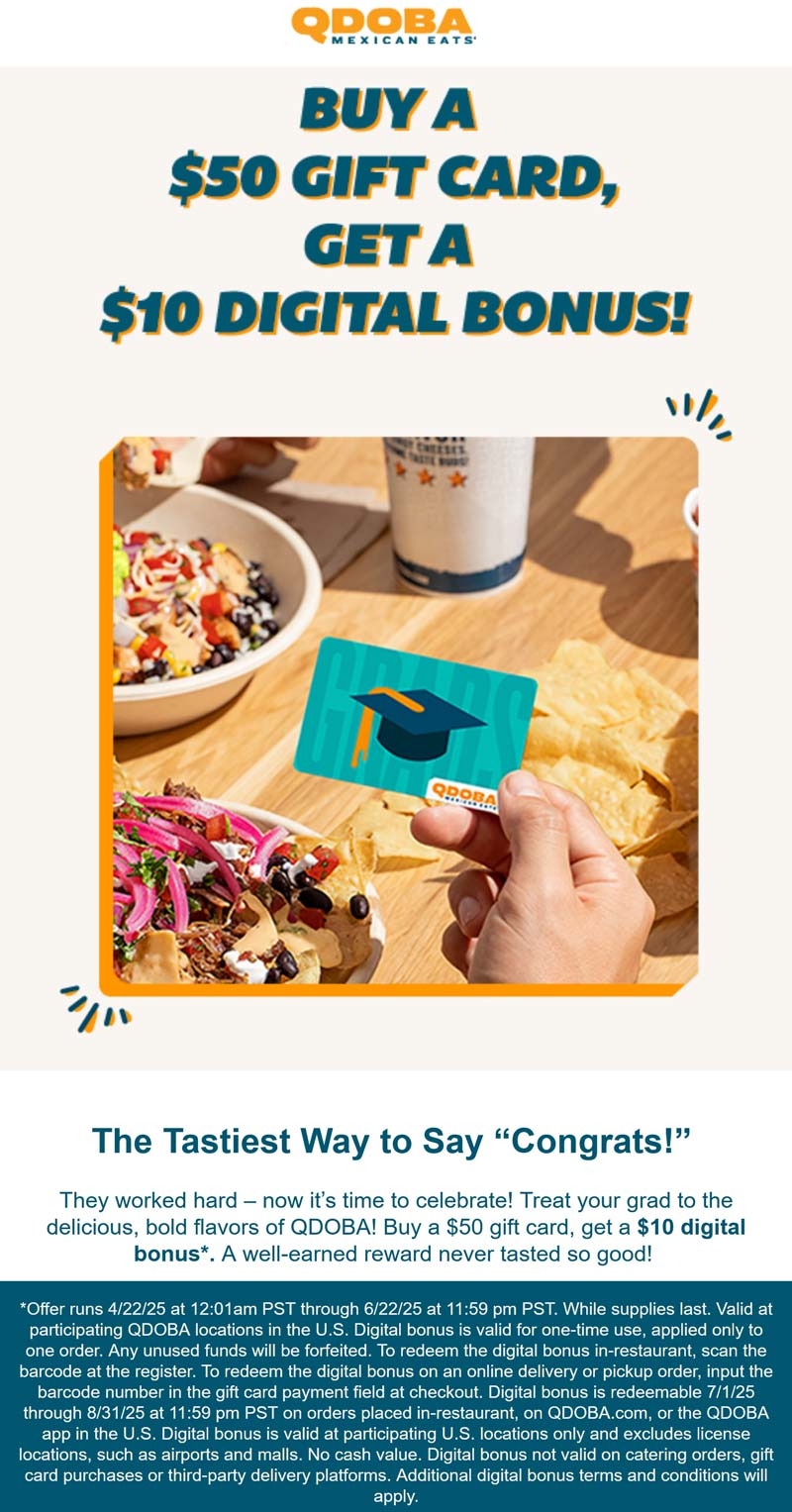  10 Card Free With 50 Card At Qdoba Qdoba August 2025 Coupons 