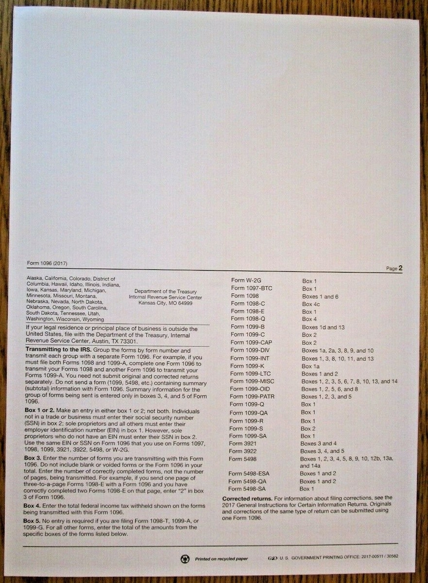 10 pack 2017 Tax Form 1096 Annual Transmittals ONLY for 1099 MISC To IRS EBay 10 pack 2017 Tax Form 1096 Annual Transmittals ONLY for 1099 MISC To IRS EBay