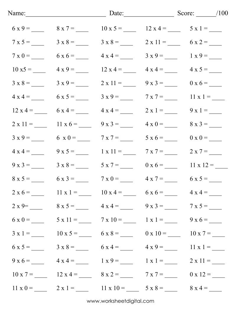 10 Printable Math Drills Multiplication Timetable 0 To 12 