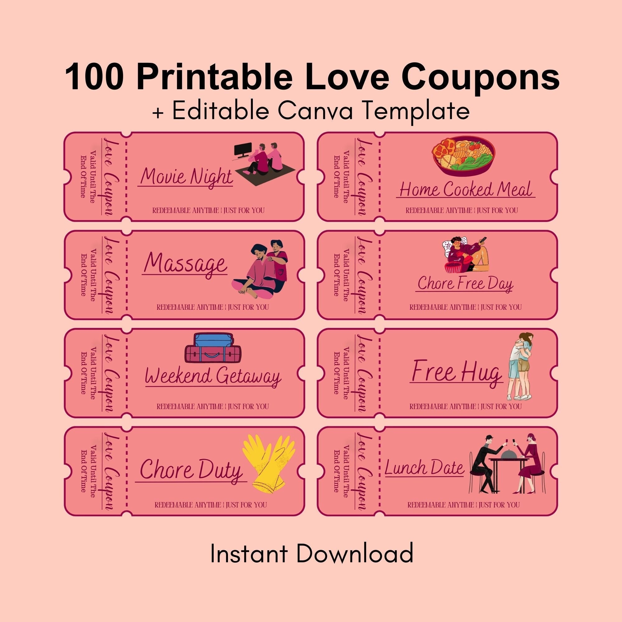 100 Love Coupons For Him U0026 Her Romantic Gift editable Canva Template Etsy