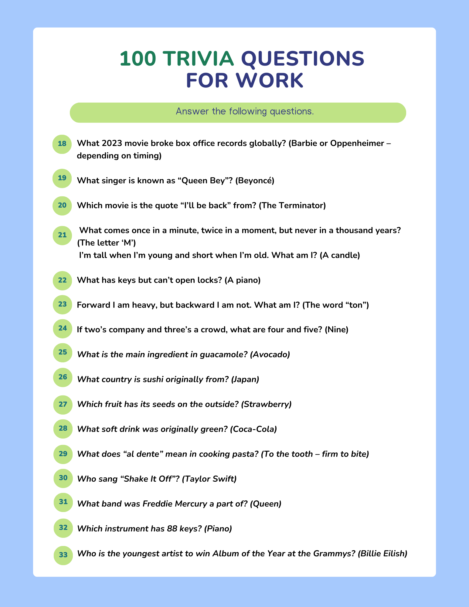 100 Trivia Questions For Work free Printables 