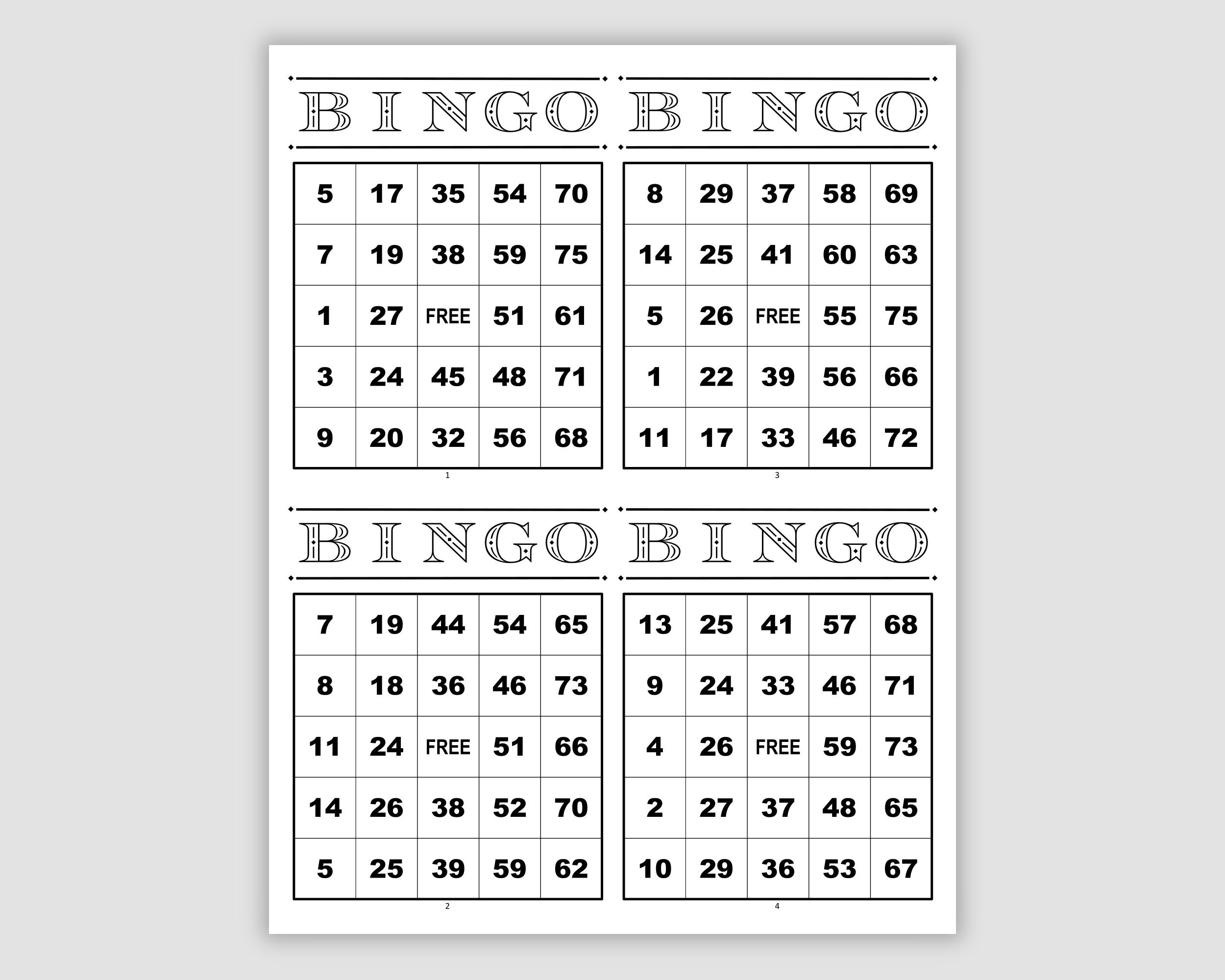 1000 Bingo Cards Pdf Download 4 Per Page Instant Printable Fun Party Game Black Etsy