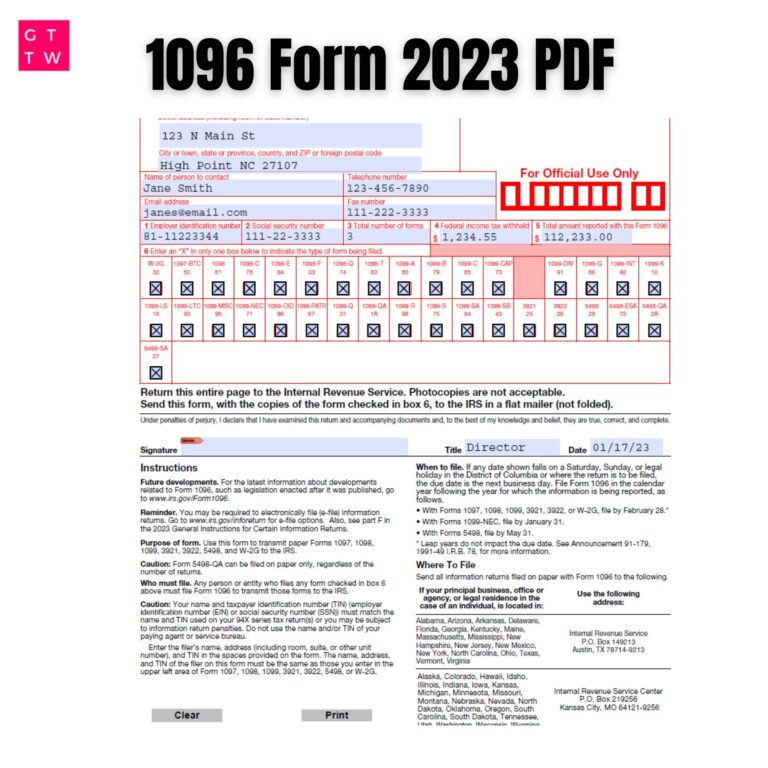 1096 IRS PDF Fillable Template 2023 2024 With Print And Clear Buttons Courier Font Digital Download Etsy