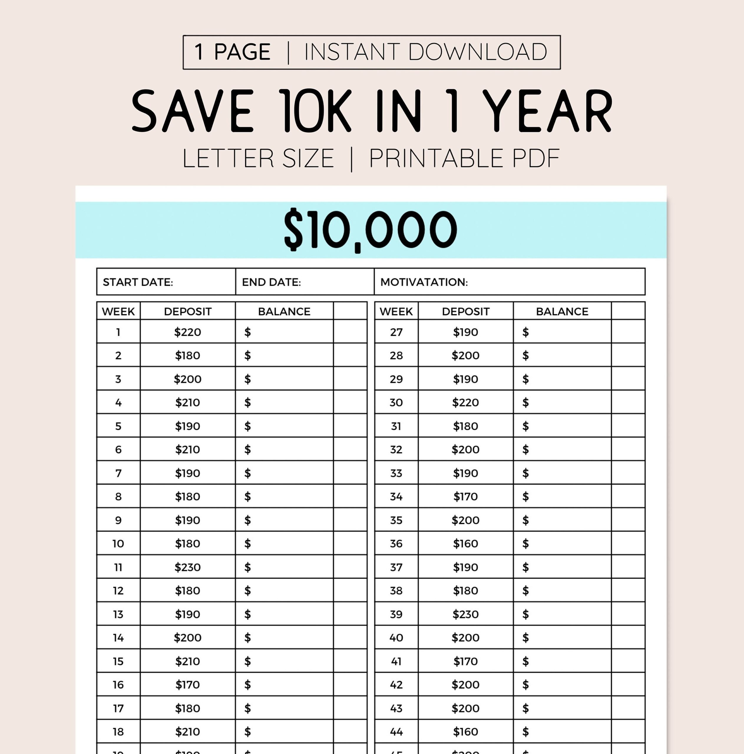 10K Savings Goal Tracker Printable Money Saving Log 1 Year Savings Goal 52 Weeks Letter Size Planner Printable Etsy