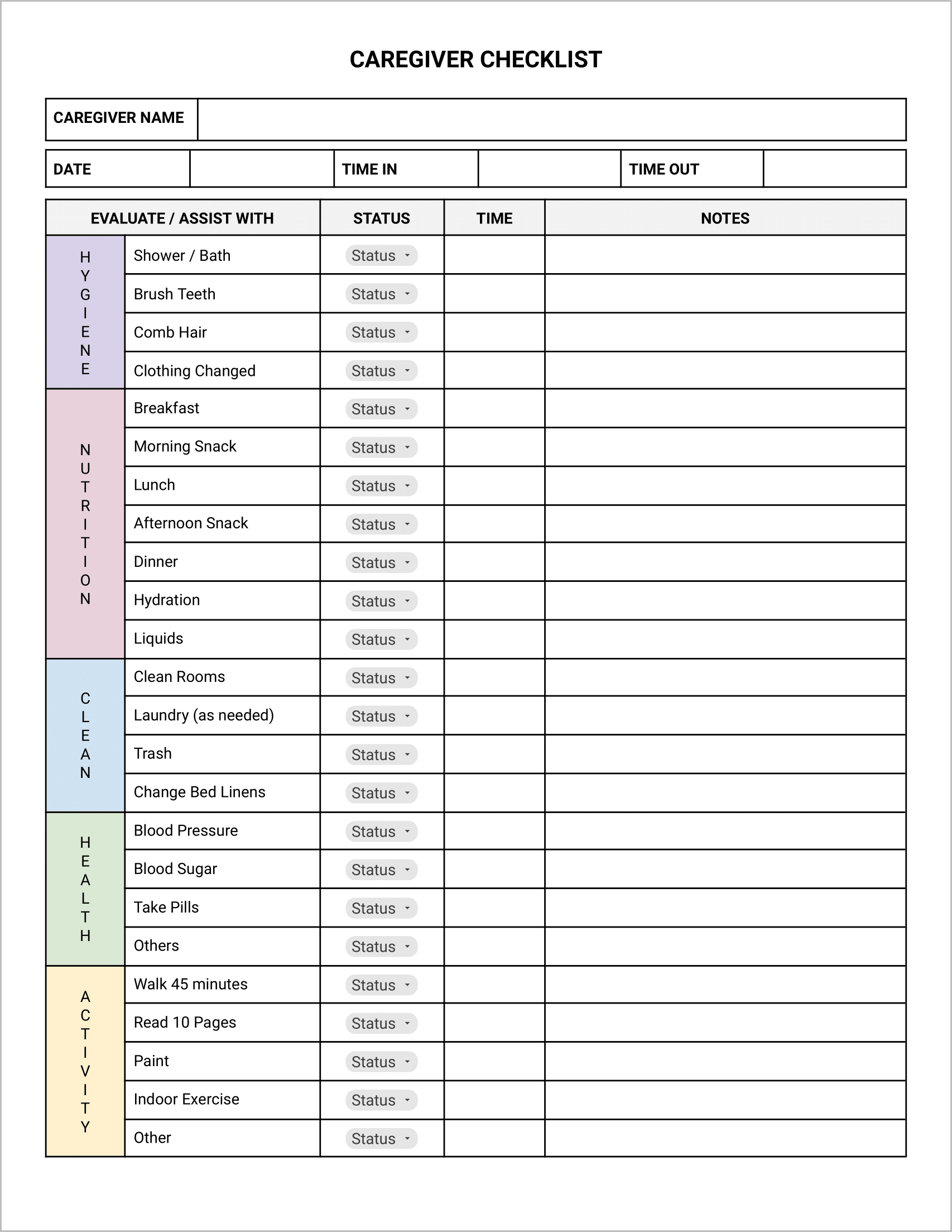 home health care daily duties printable forms