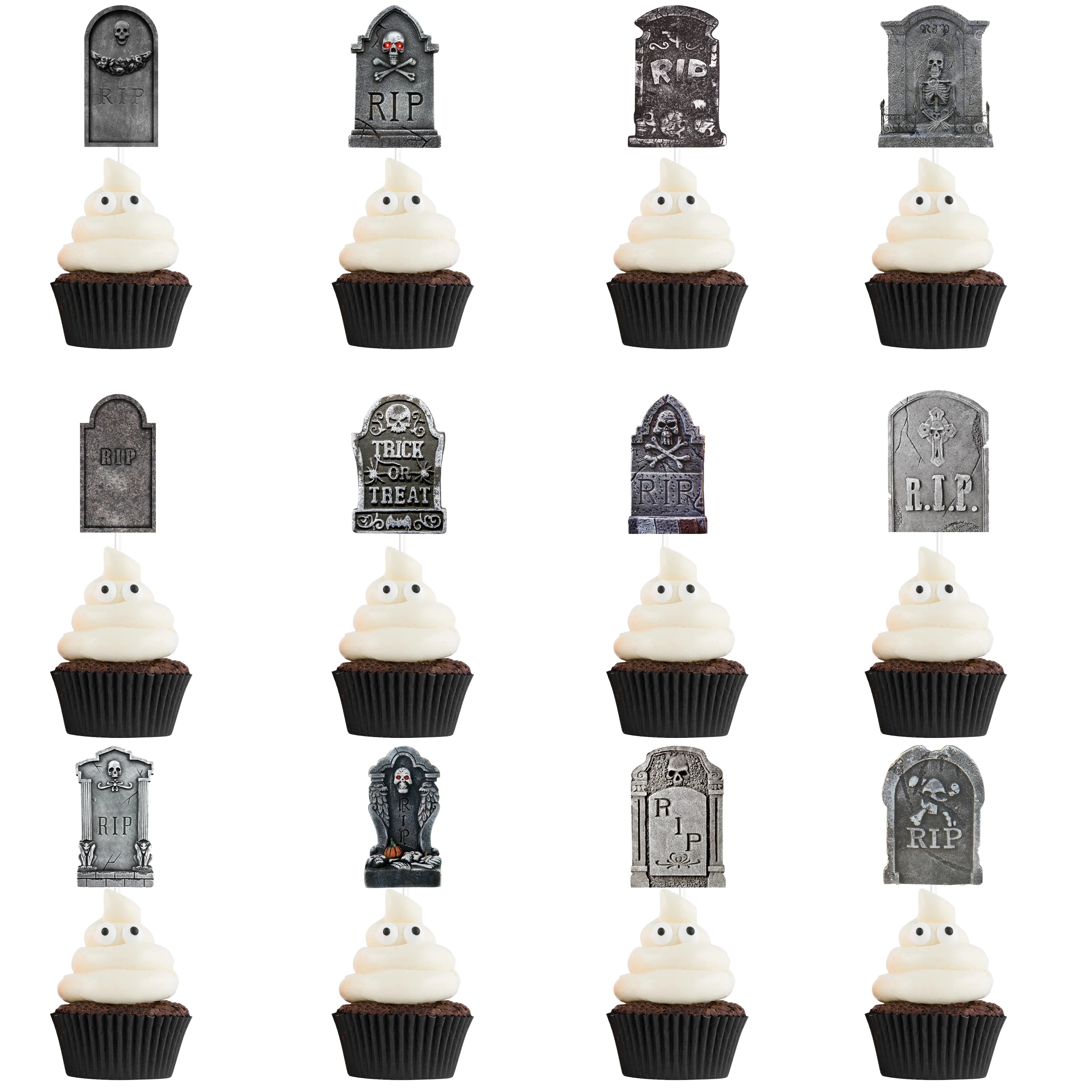12 48pcs Halloween Tombstone Cupcake Topper Scary Skeleton RIP 