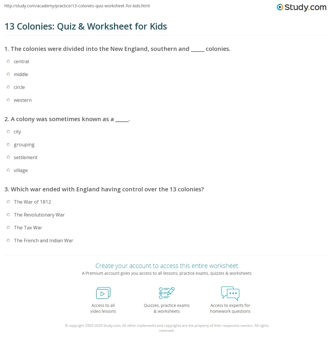 13 Colonies Quiz U0026 Worksheet For Kids Study