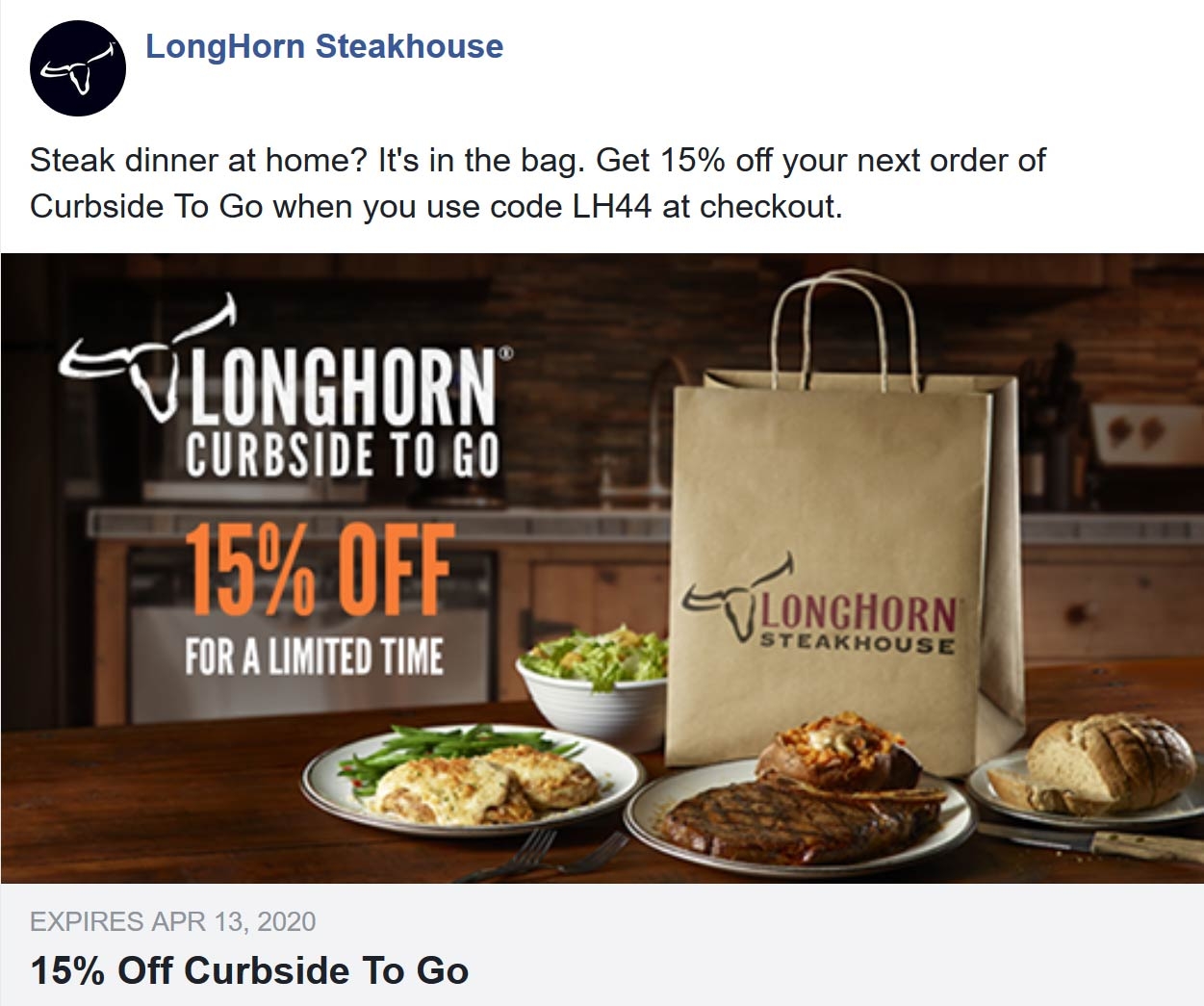 15 Off Curbside To Go At Longhorn Steakhouse Via Promo Code LH44 