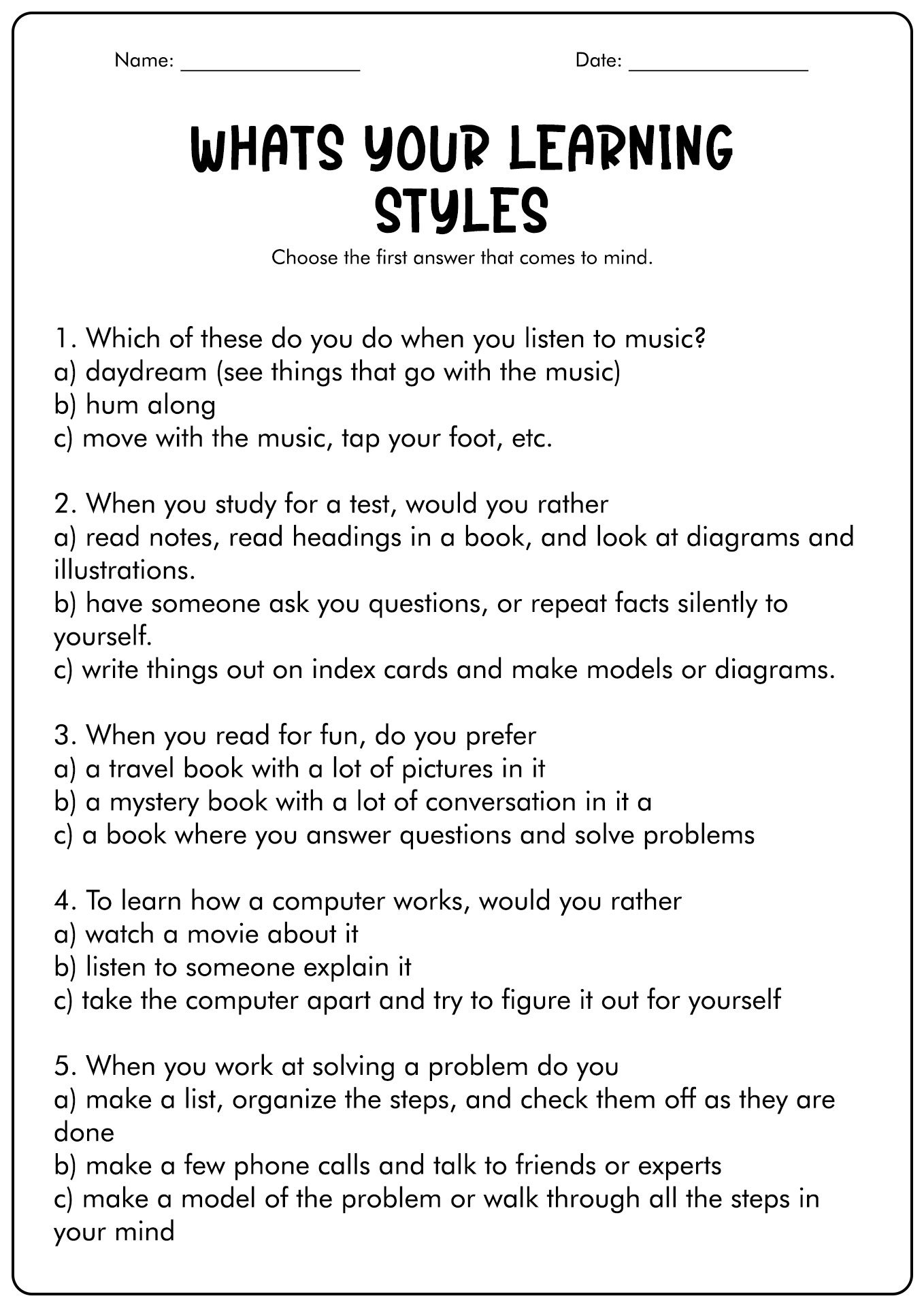 learning styles inventory for kids free printable
