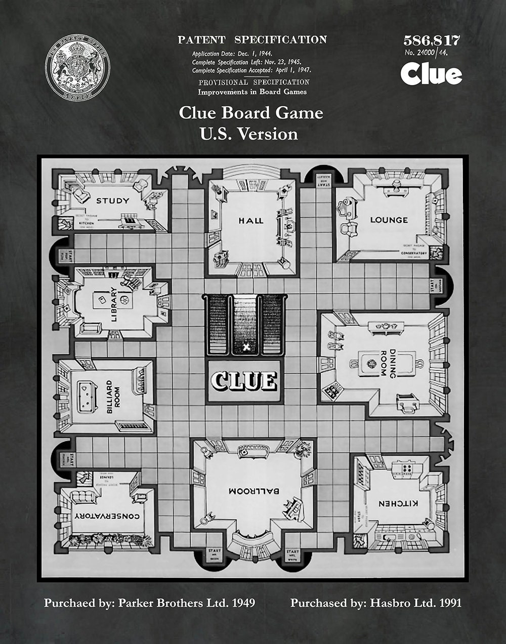 1991 Clue Game Patent Print Hasbro US Version Clue Board Game 1991 Clue Game Patent Print Hasbro US Version Clue Board Game