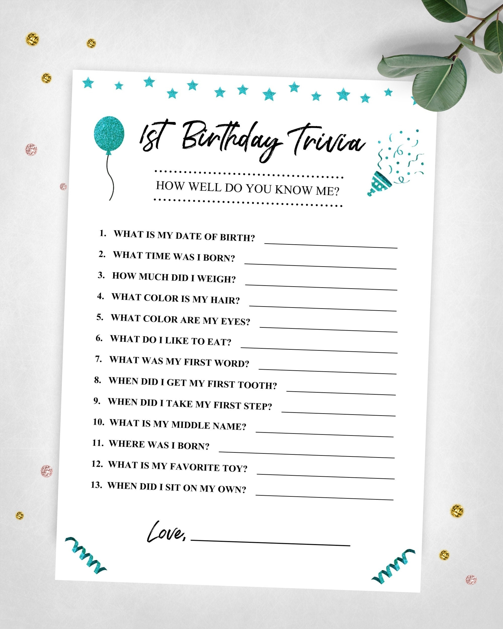 1st Birthday Trivia How Well Do You Know Me Party Game Turquoise First Birthday Game Instant Digital Download Printable Game Keepsake Etsy Ireland