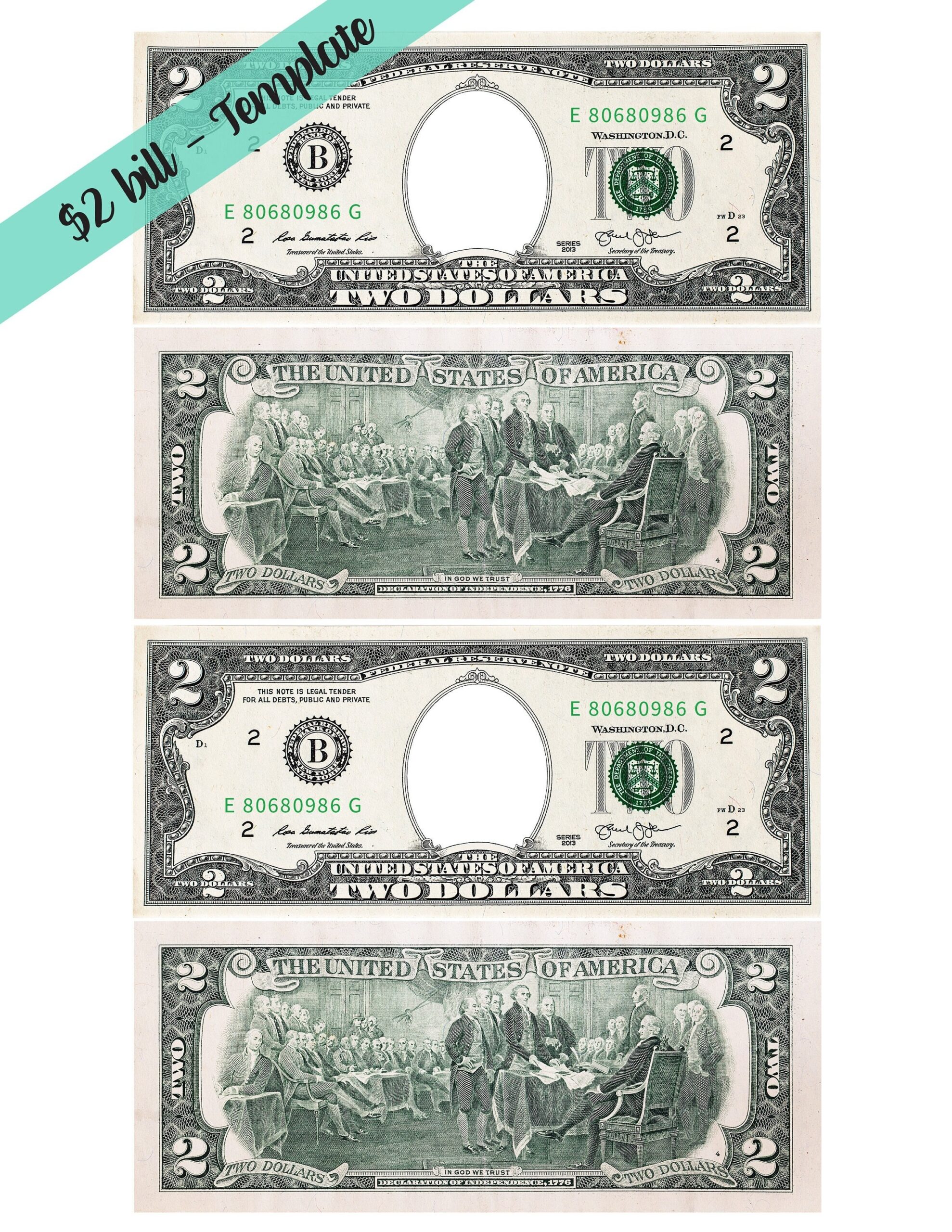 2 Dollar Bill Template Letter Page With 4 Real Size Dollar Bills front And Backside Look A Like 2 Dollar Bill Etsy