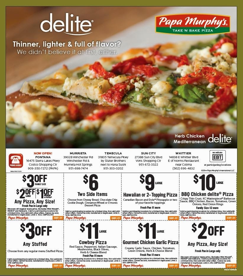  2 Off Any Size Pizza Plus More Coupons From Papa Murphy s Menifee Deals