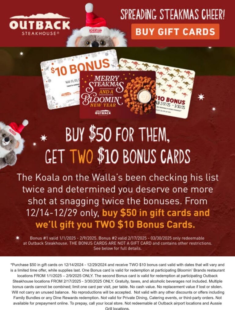  20 Cards Free On 50 Card Purchase At Outback Steakhouse Restaurants Outback Steakhouse August 2025 Coupons Promo Codes U0026 Deals 
