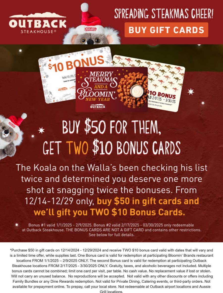  20 Cards Free On 50 Card Purchase At Outback Steakhouse Restaurants Outback Steakhouse August 2025 Coupons Promo Codes U0026 Deals 