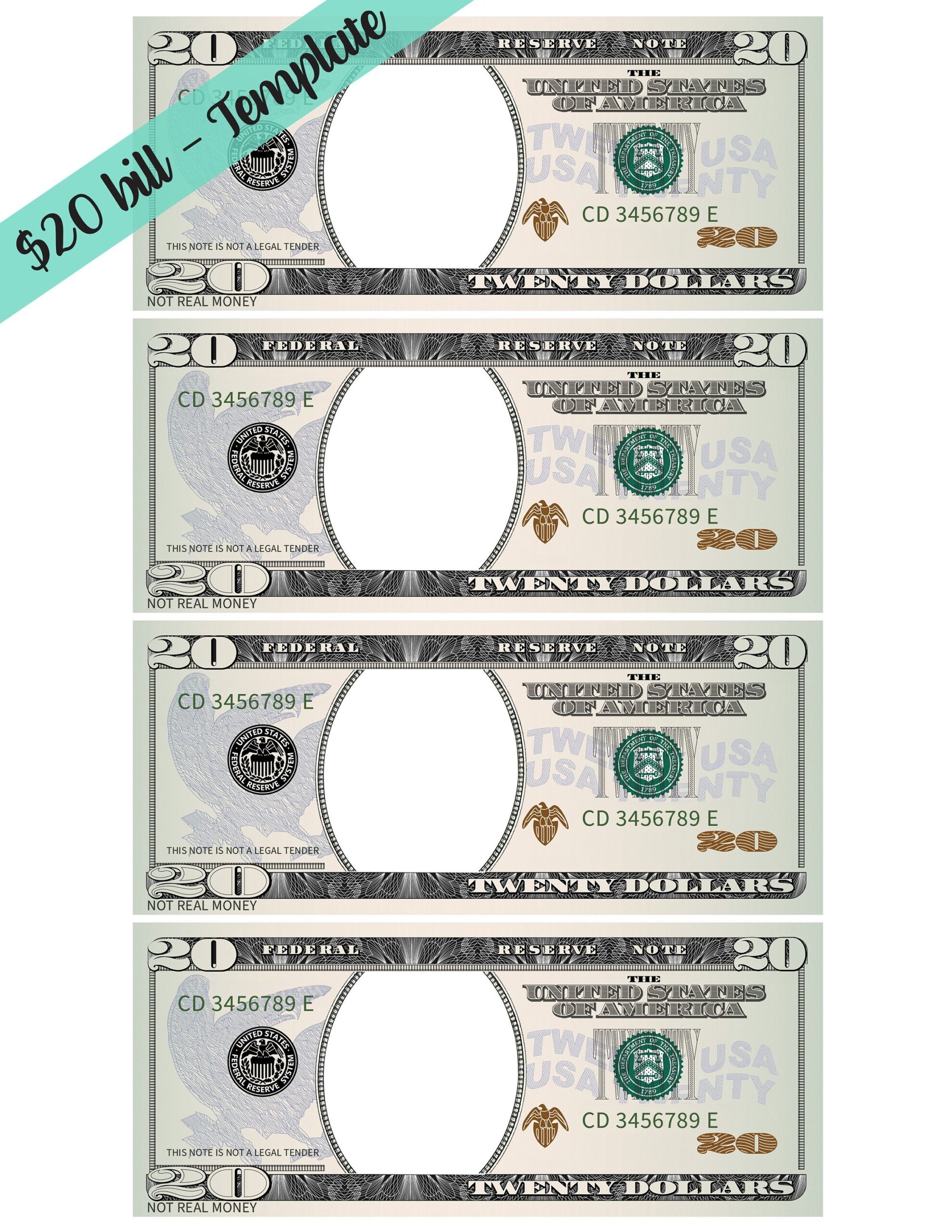 20 Dollar Bill Template Letter Page With 4 Real Size Dollar Bills front Only Look a like 20 Dollar Bill Etsy