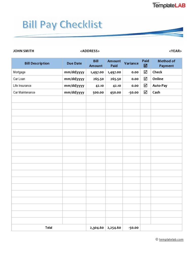 20 Free Bill Pay Checklists U0026 Bill Calendars PDF Word U0026 Excel 