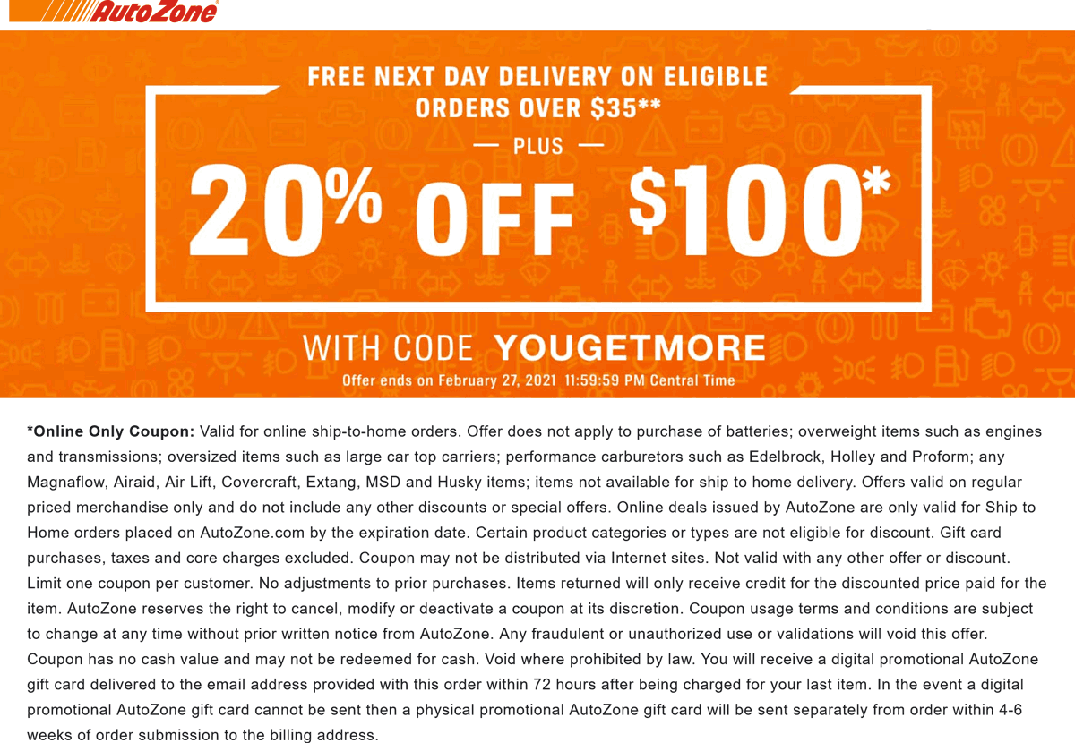 20 Off 100 Online At AutoZone Via Promo Code YOUGETMORE 