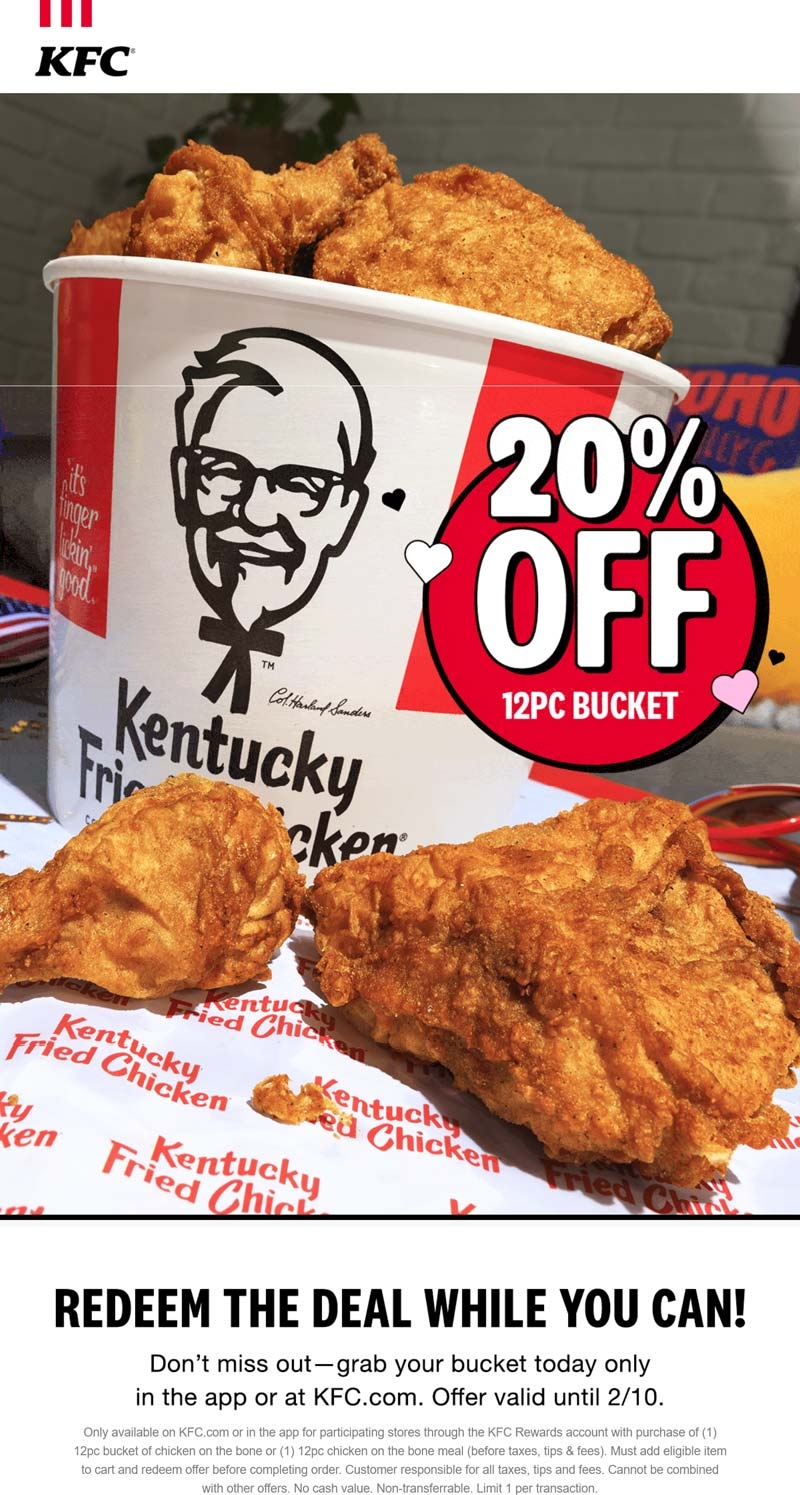 20 Off 12pc Chicken Bucket Via Login At KFC kfc The Coupons App 