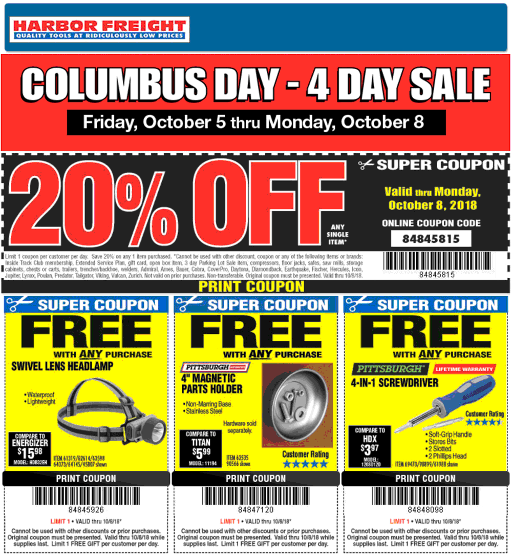 20 Off A Single Item At Harbor Freight Tools Or Online Via Promo 