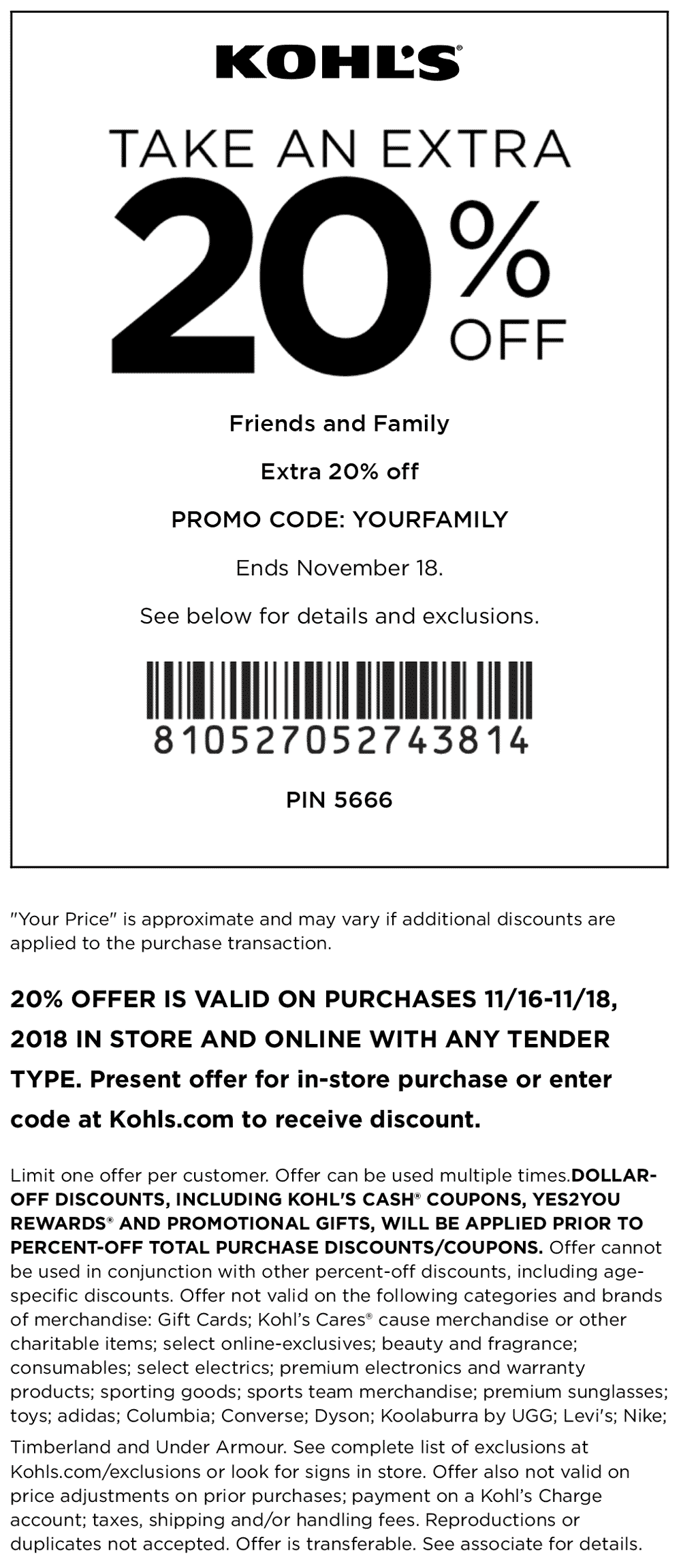 20 Off At Kohls Or Online Via Promo Code YOURFAMILY Kohls 