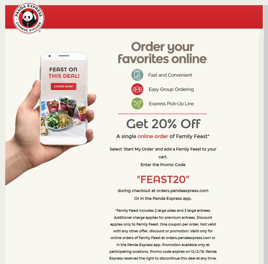 20 Off Family Feast Online At Panda Express Restaurants Via Promo Code FEAST20 Panda Express August 2025 Coupons Promo Codes U0026 Deals 