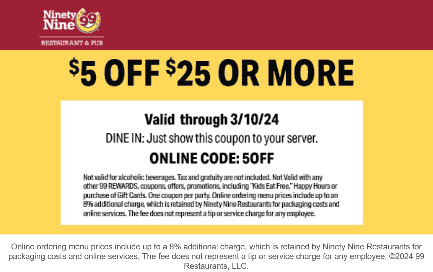 20 Off To go Orders At Ninety Nine Restaurants Via Promo Code 