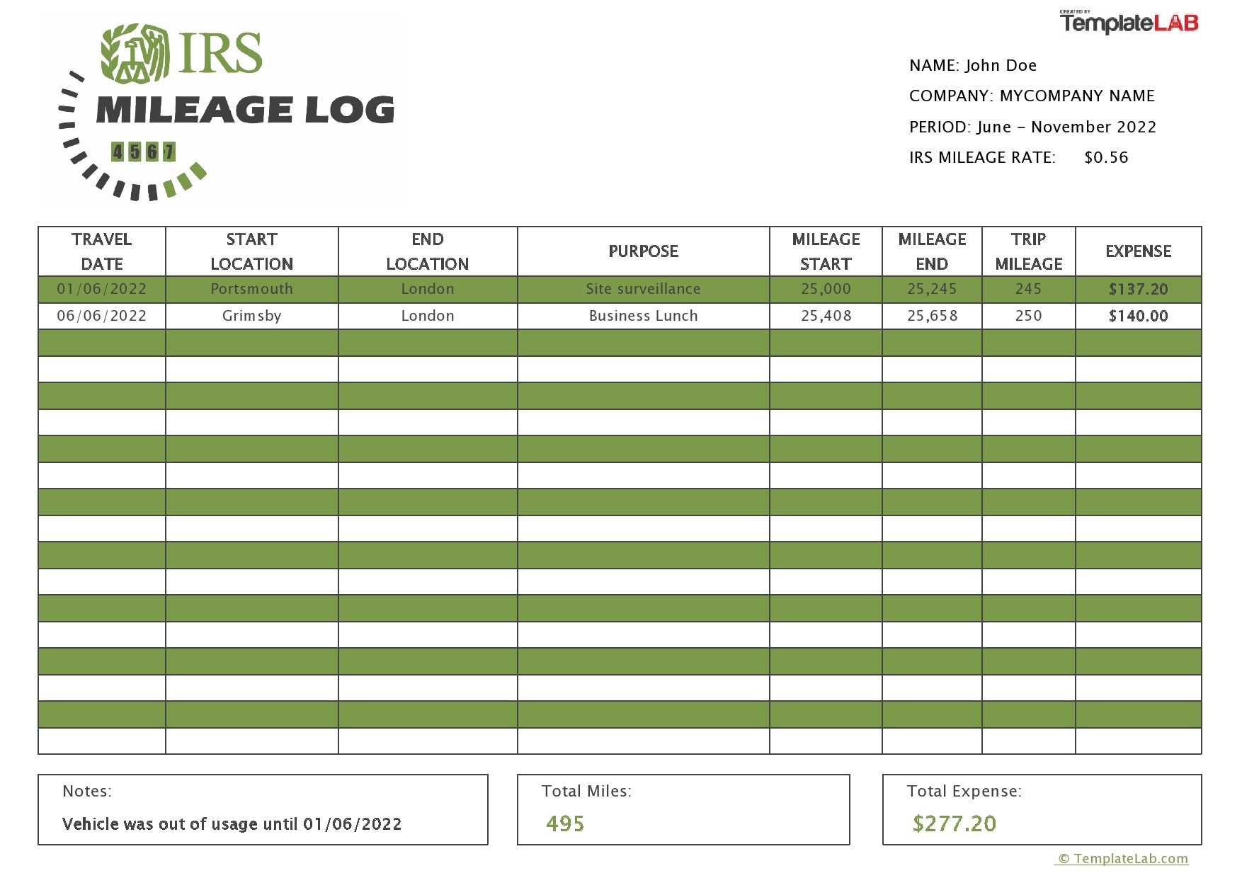 mileage log for taxes printable