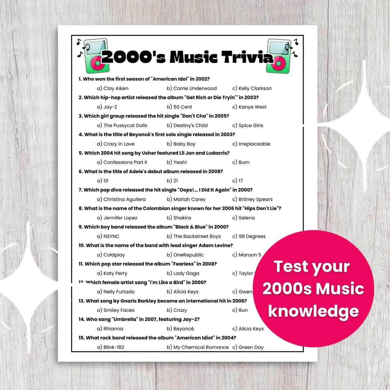2000s Music Multiple Choice Trivia Game 2000s Trivia Game 2000s Theme Party Game Decades Trivia Birthday Trivia Office Party Game