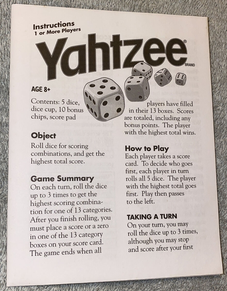 2005 Yahtzee Board Game Replacement Instructions