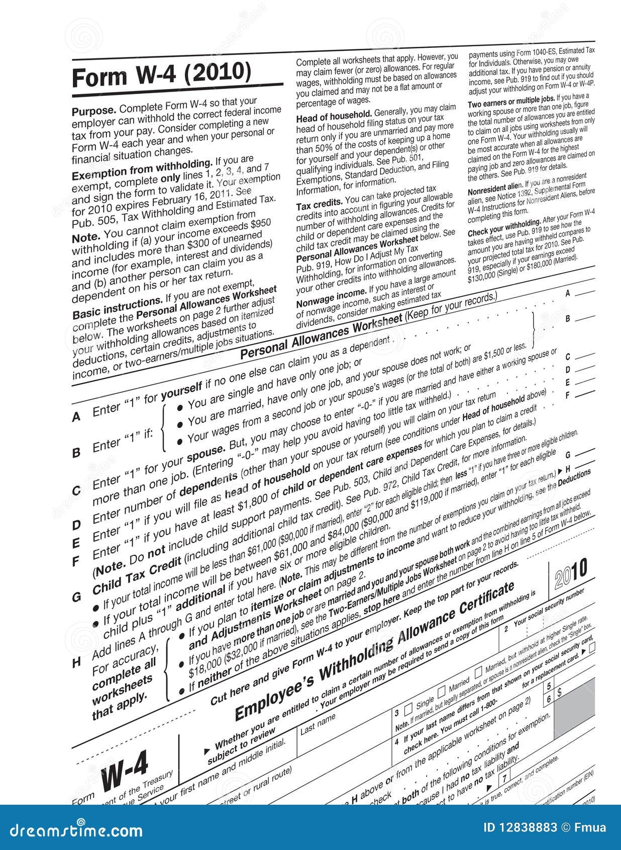 2010 Form W 4 Stock Image Image Of Allowance American 12838883