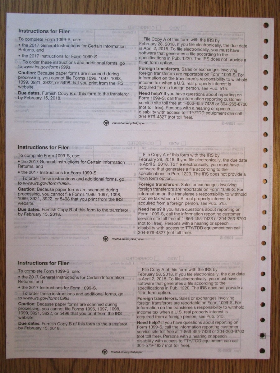 2017 IRS Tax Form 1099 S Single Sheet Set For 3 Transferors Carbonless 3 part