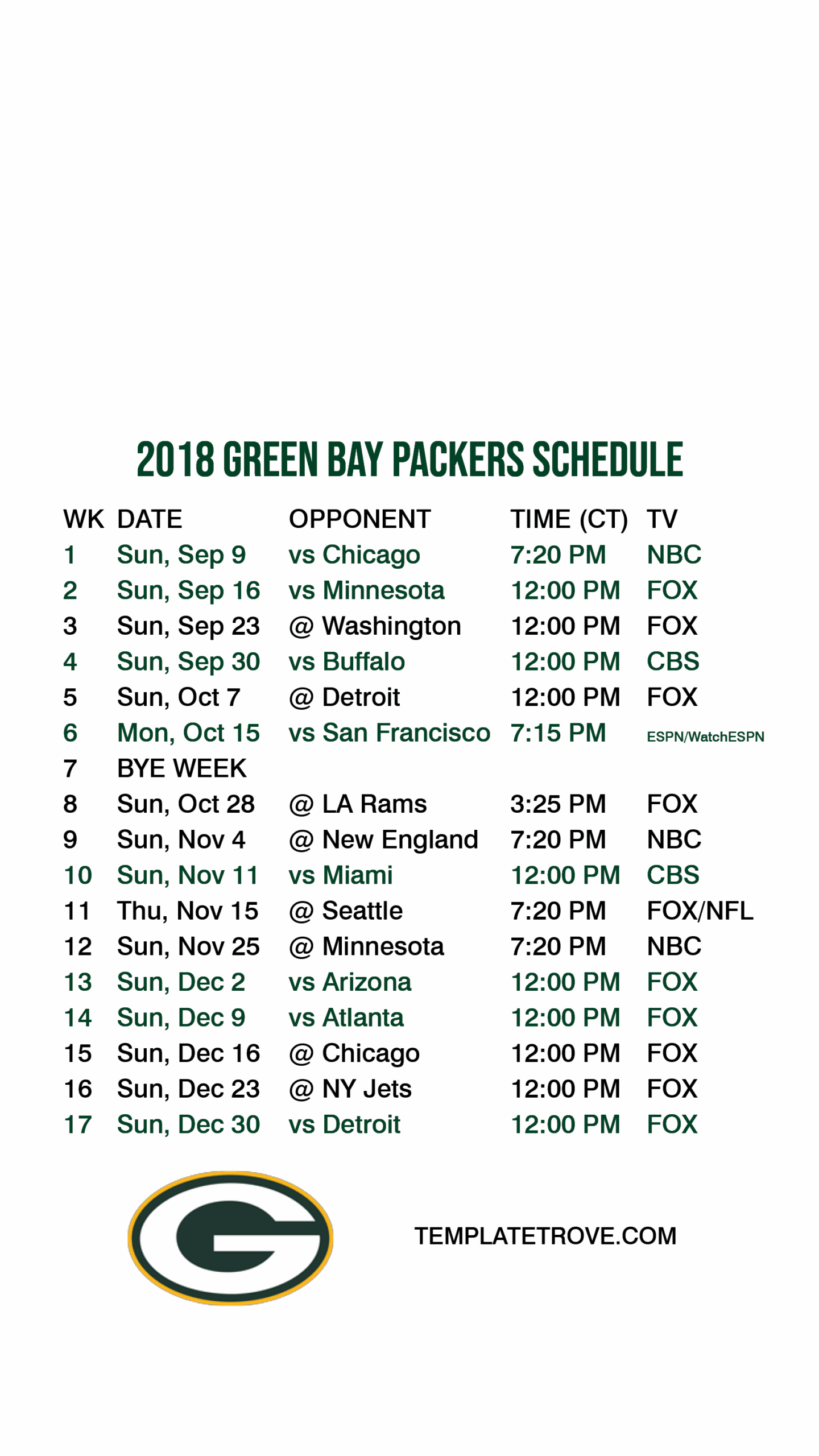 green bay packers schedule 2018 printable