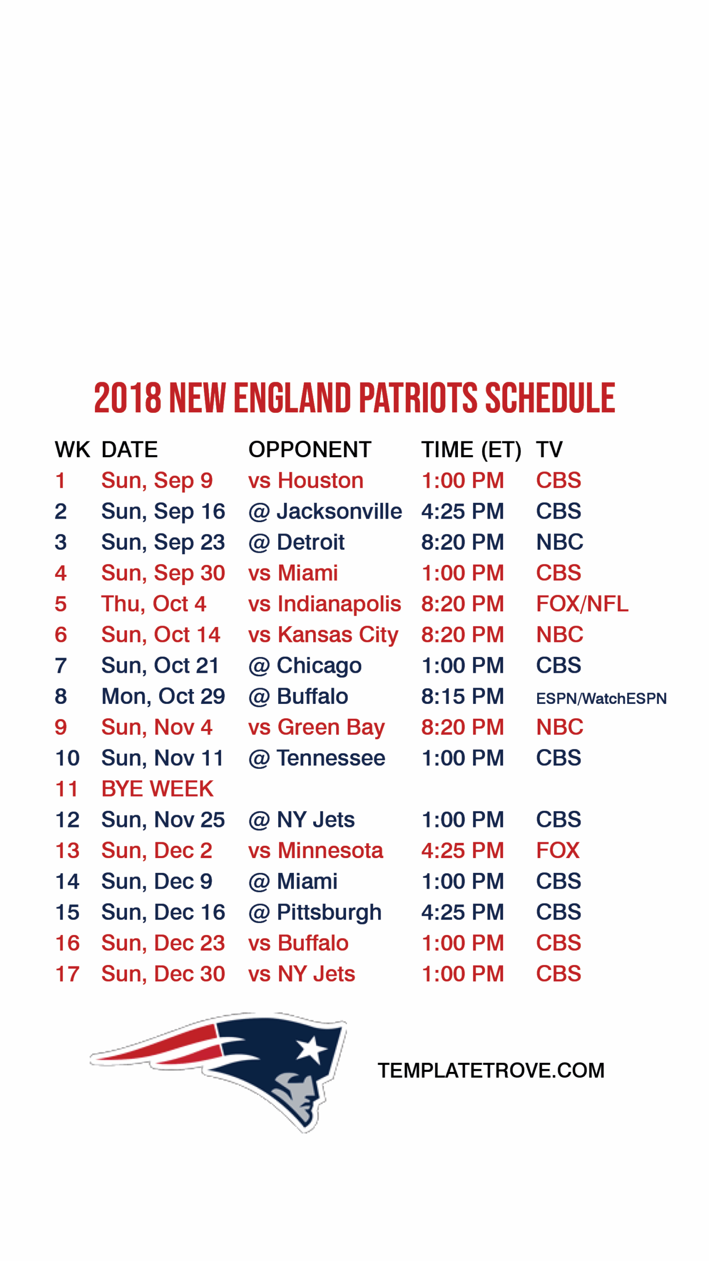 patriots schedule 2018 printable