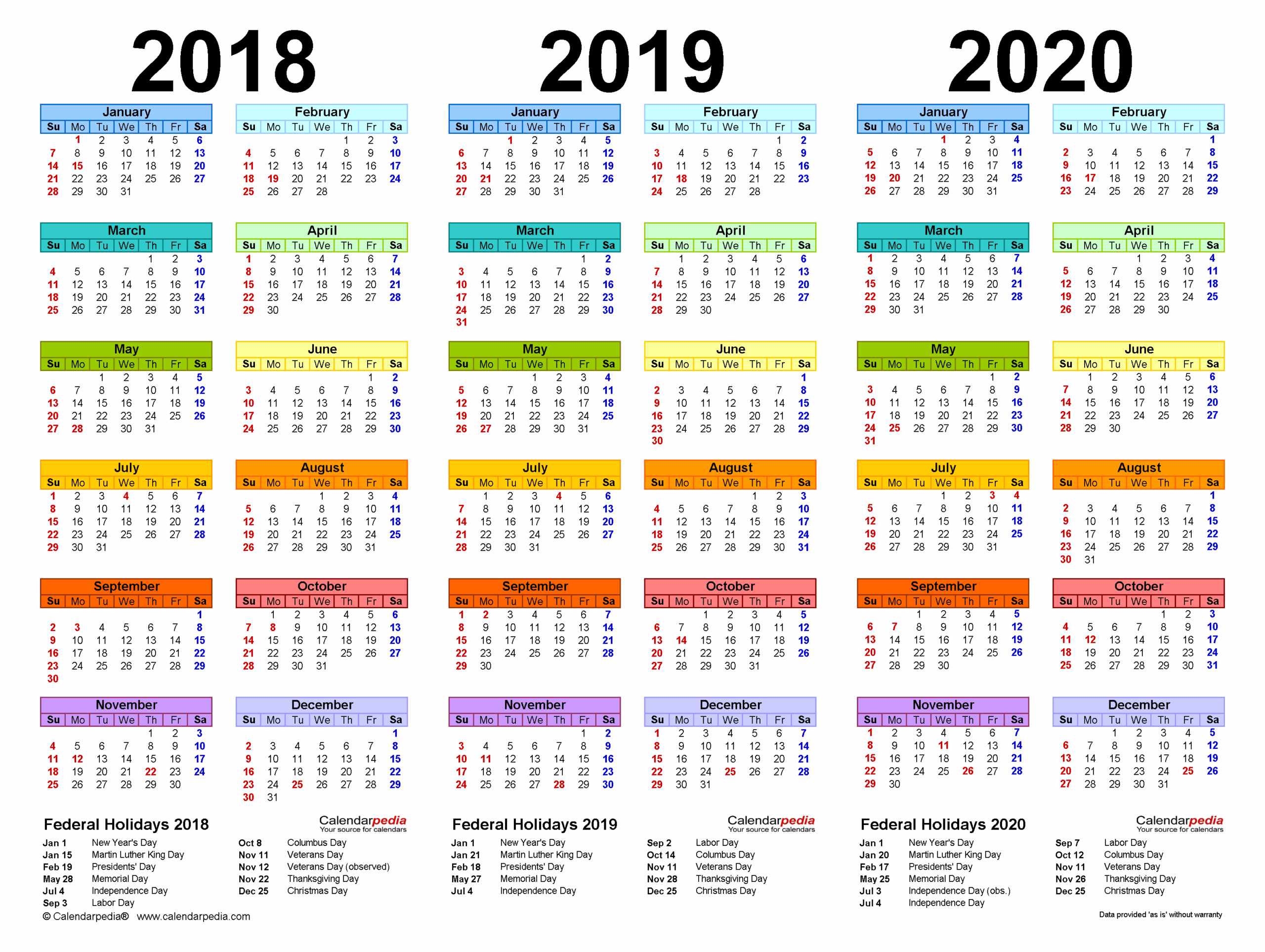 2018 2020 Three Year Calendar Free Printable PDF Templates Worksheets Library