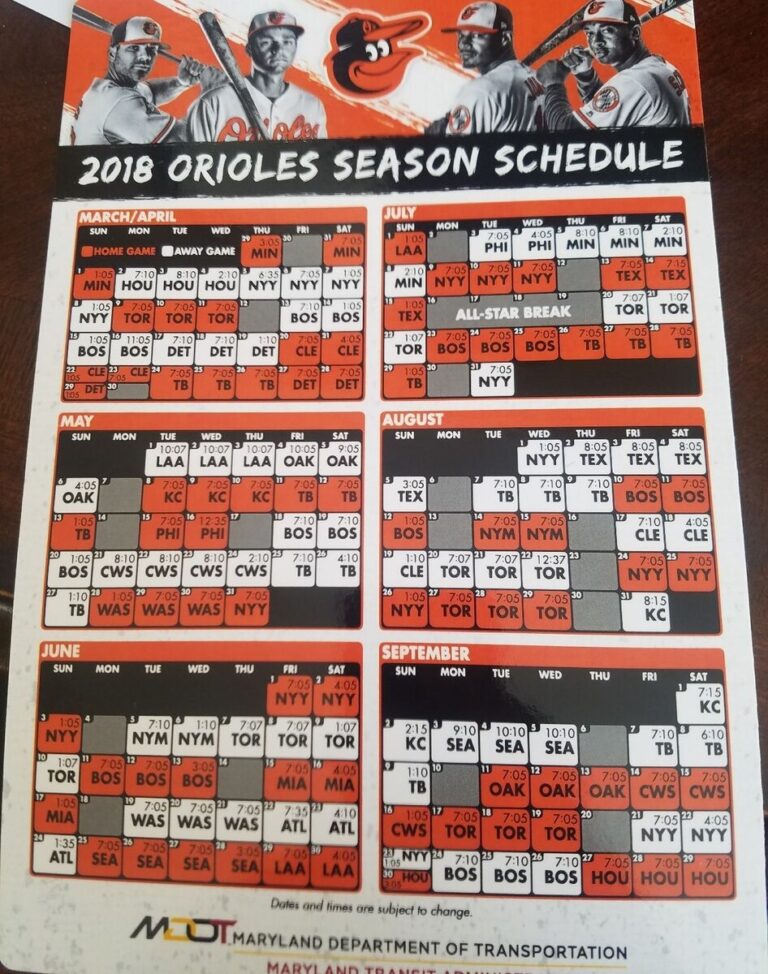 2018 Baltimore Orioles Magnetic Schedule Sga Promo Promotion Giveaway Camden