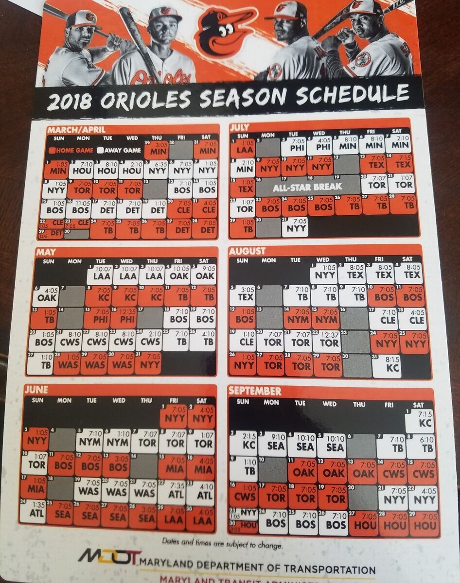 2018 Baltimore Orioles Magnetic Schedule Sga Promo Promotion Giveaway Camden