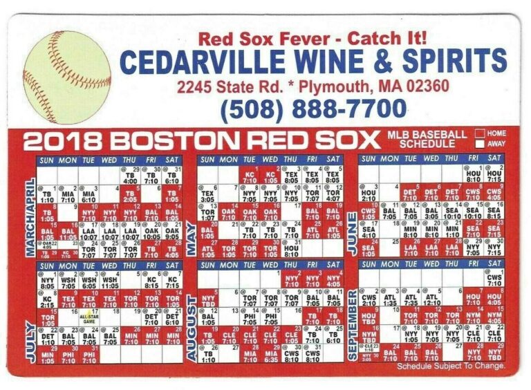 2018 Boston Red Sox Calendar Schedule Magnet Cedarville Wine U0026 Spirits 48 EBay