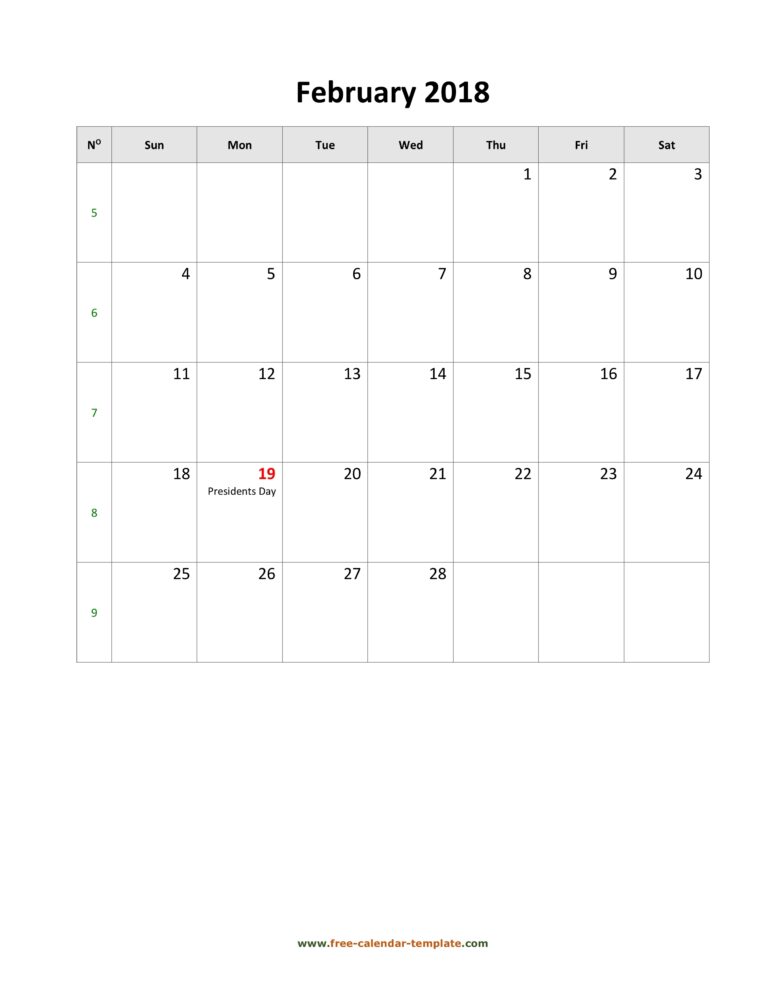 2018 February Calendar Blank Vertical Template Free calendar 