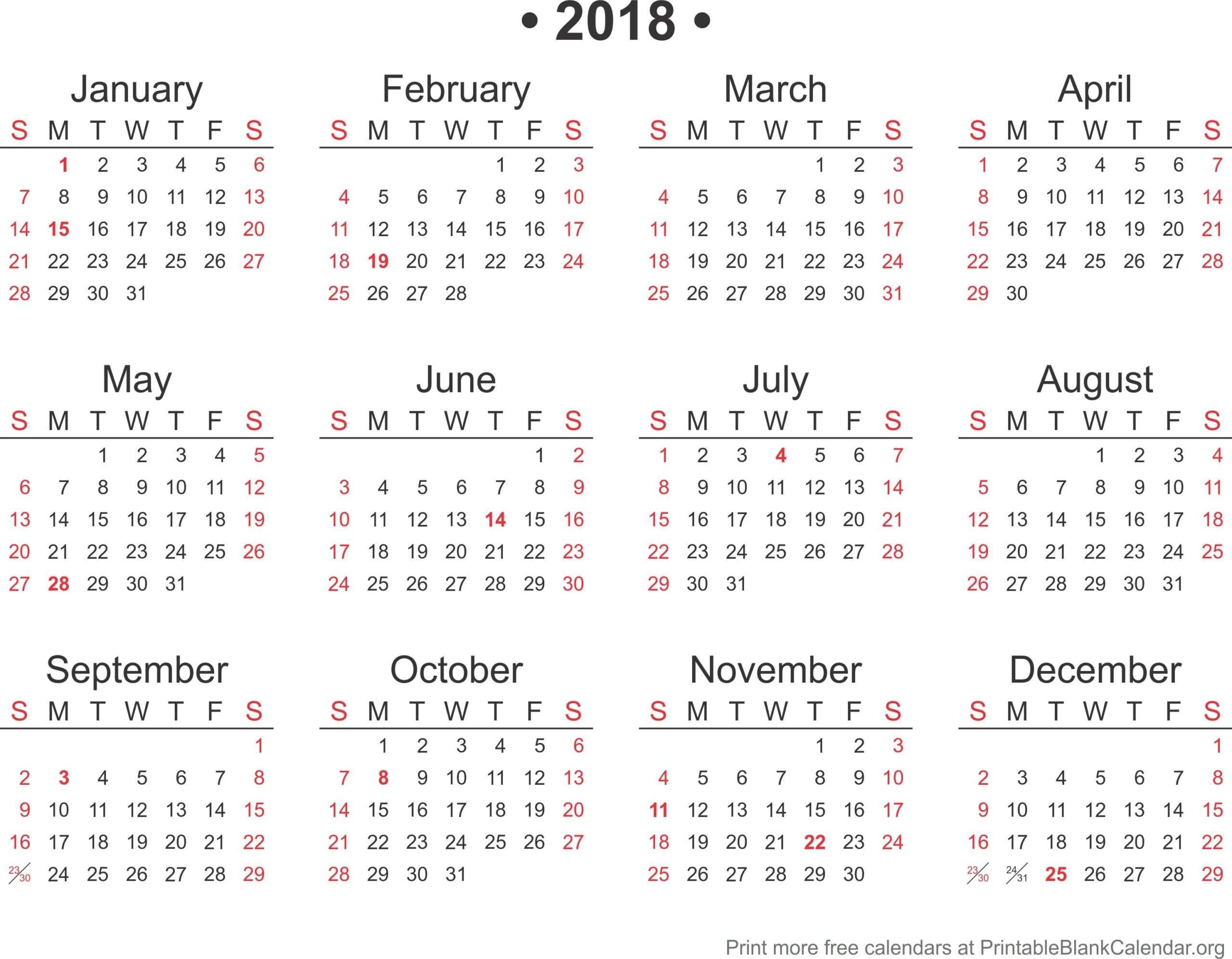 2018 Free Annual Calendar Template Printable Blank Calendar