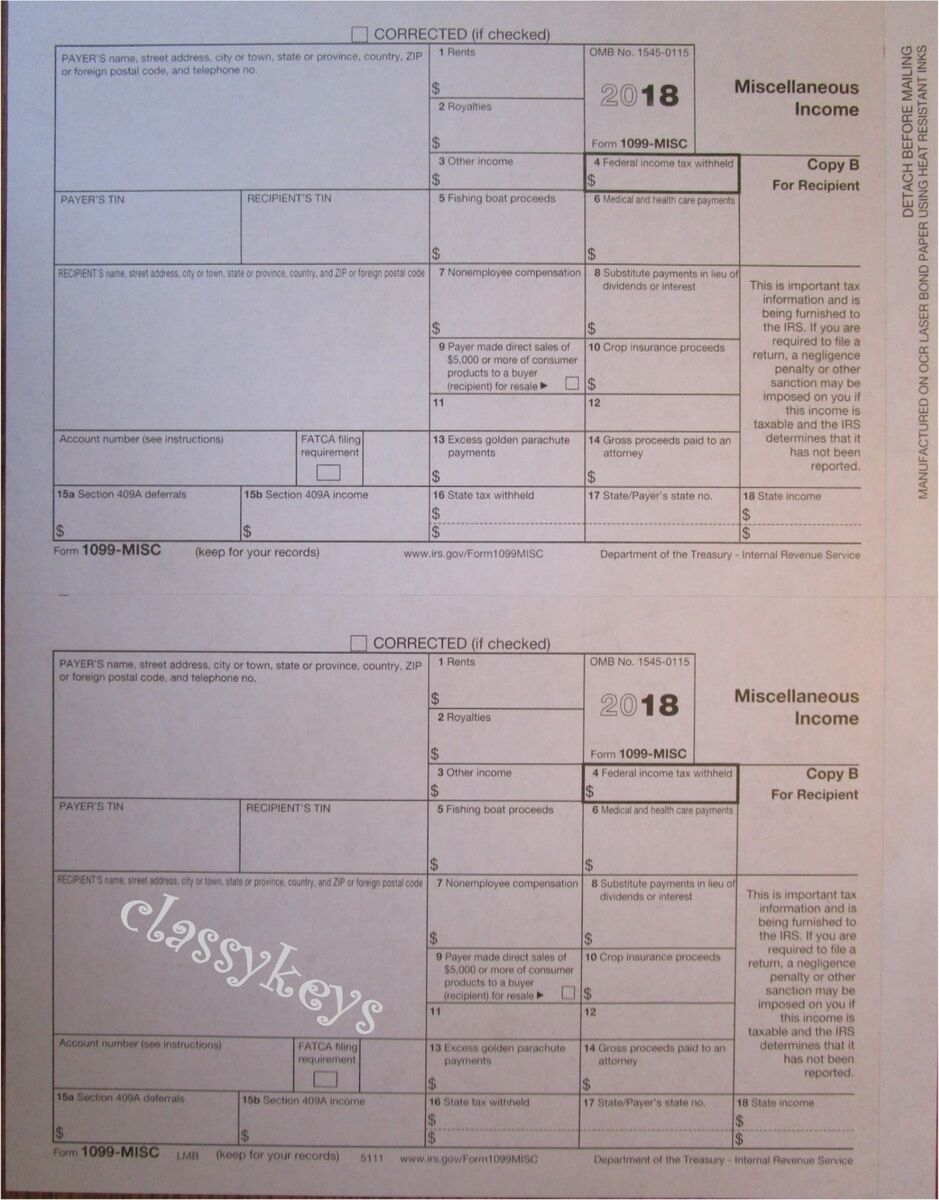 2018 IRS Tax Form 1099 MISC Single Sheet Set LASER For 2 