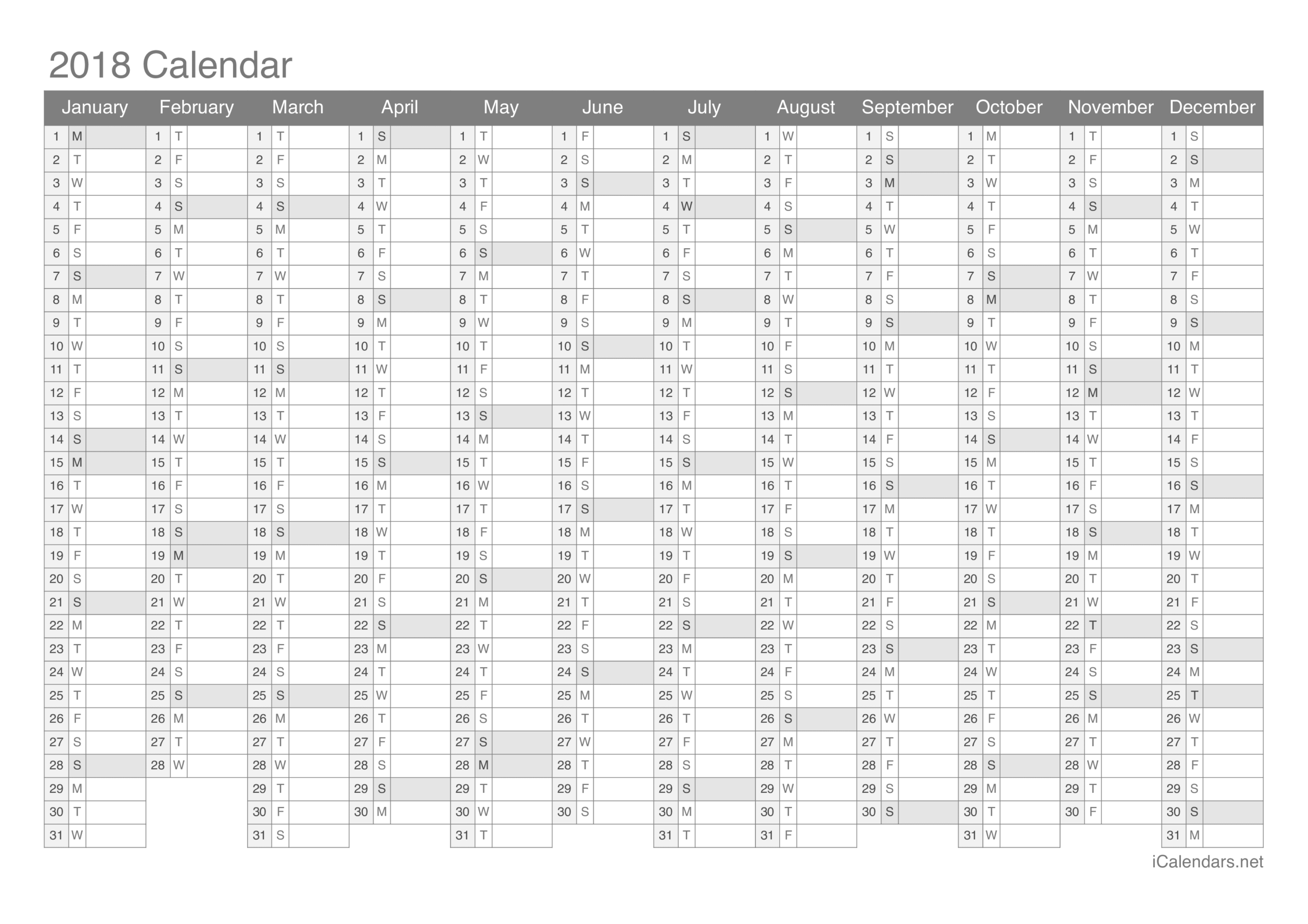 2018 Printable Calendar PDF Or Excel