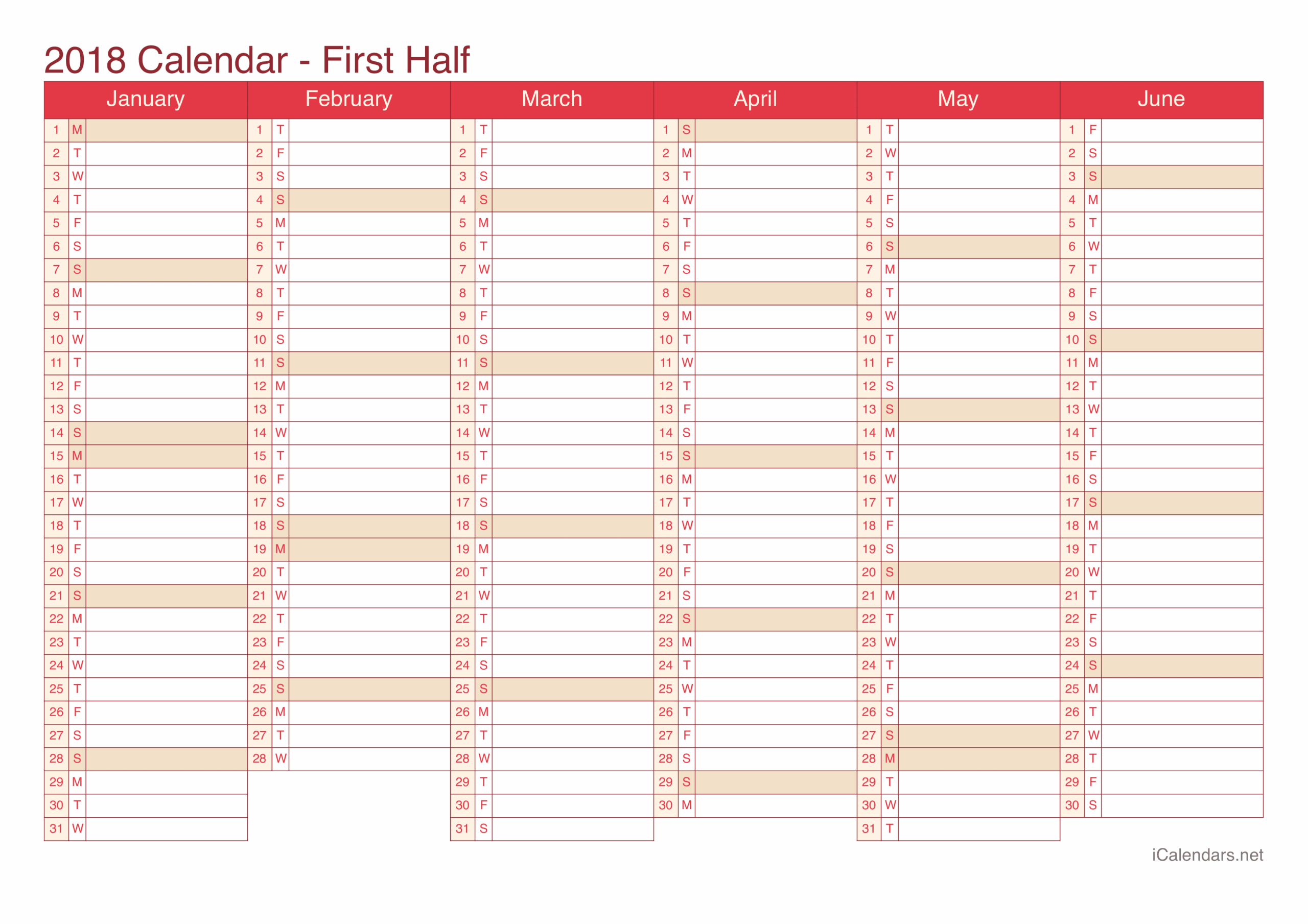 2018 Printable Calendar PDF Or Excel
