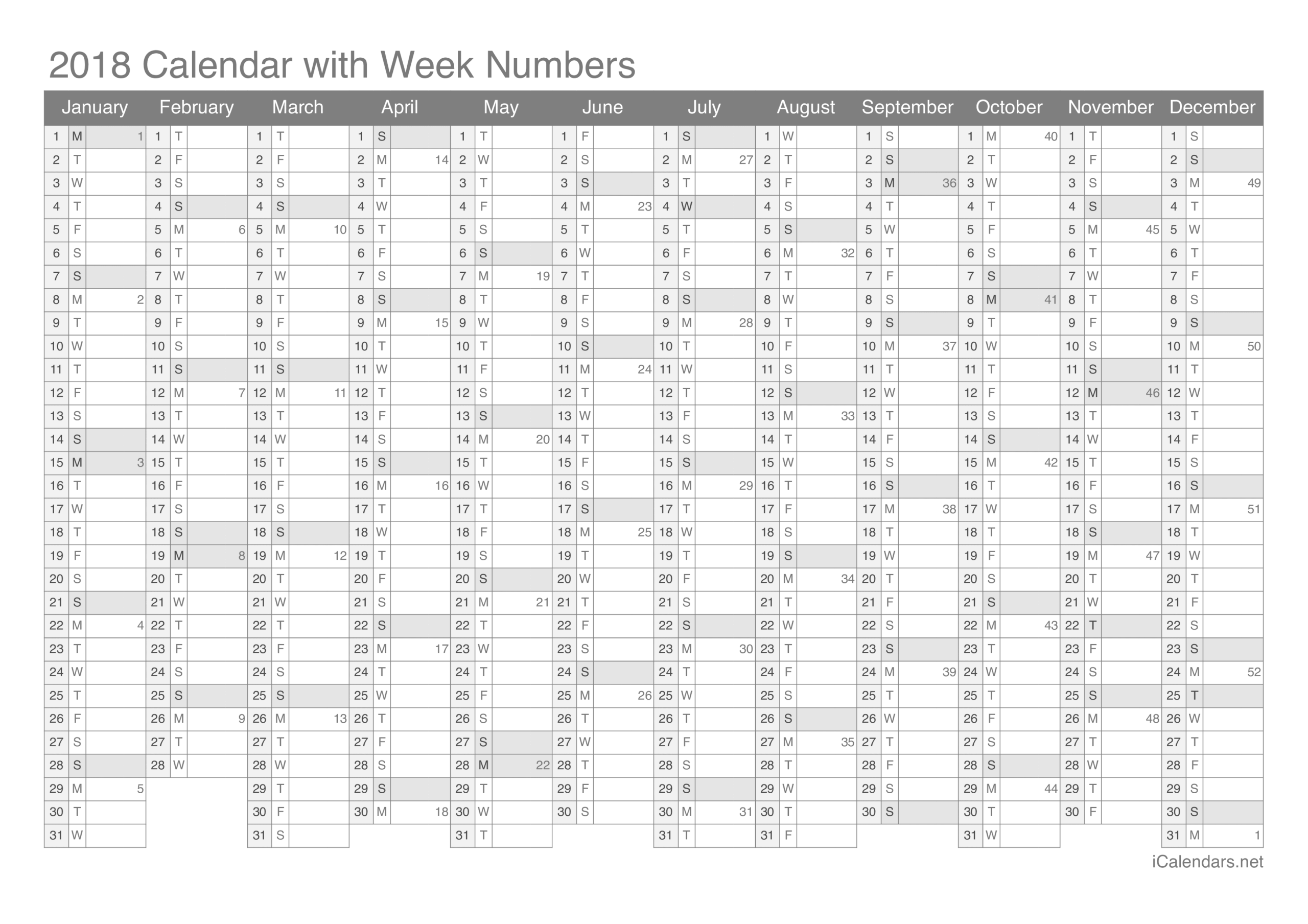 2018 Printable Calendar PDF Or Excel