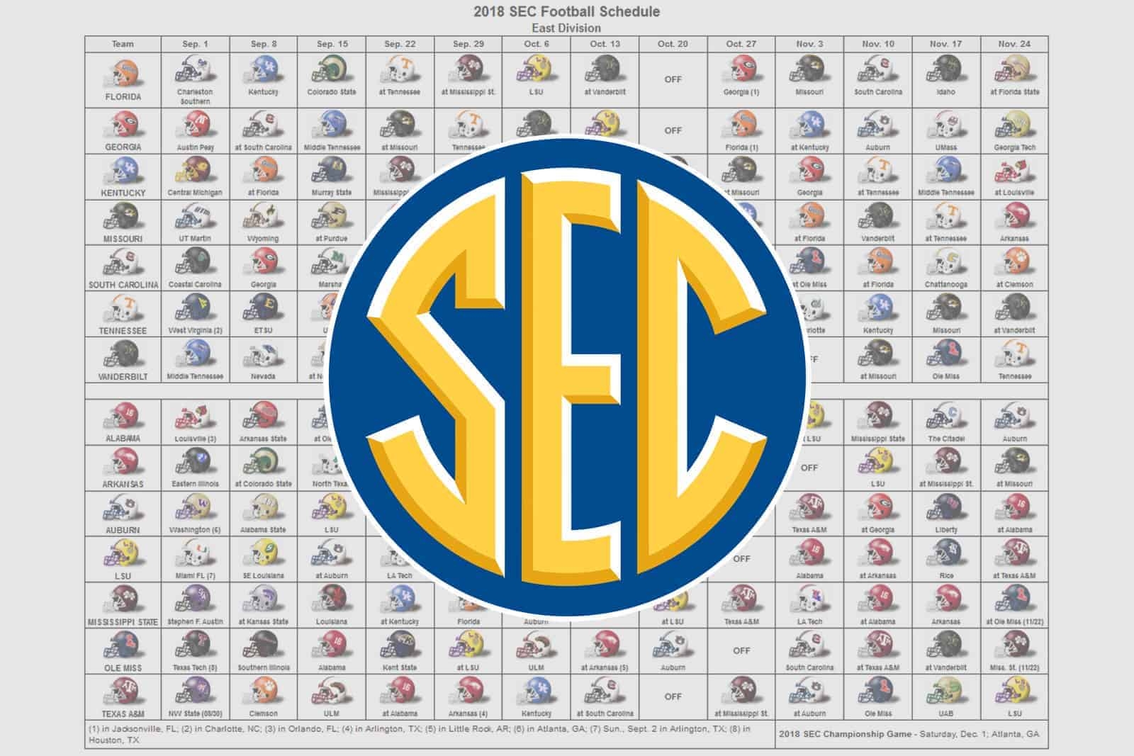 2018 SEC Football Helmet Schedule