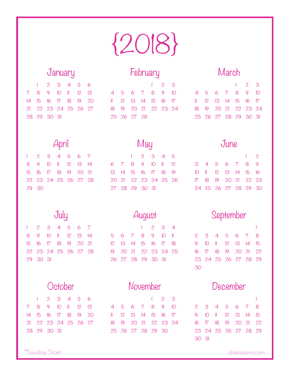 2018 Year at a Glance Calendar Printable Alaina Ann